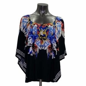 STYLE & Co Multicolor Printed Black Poncho Blouse